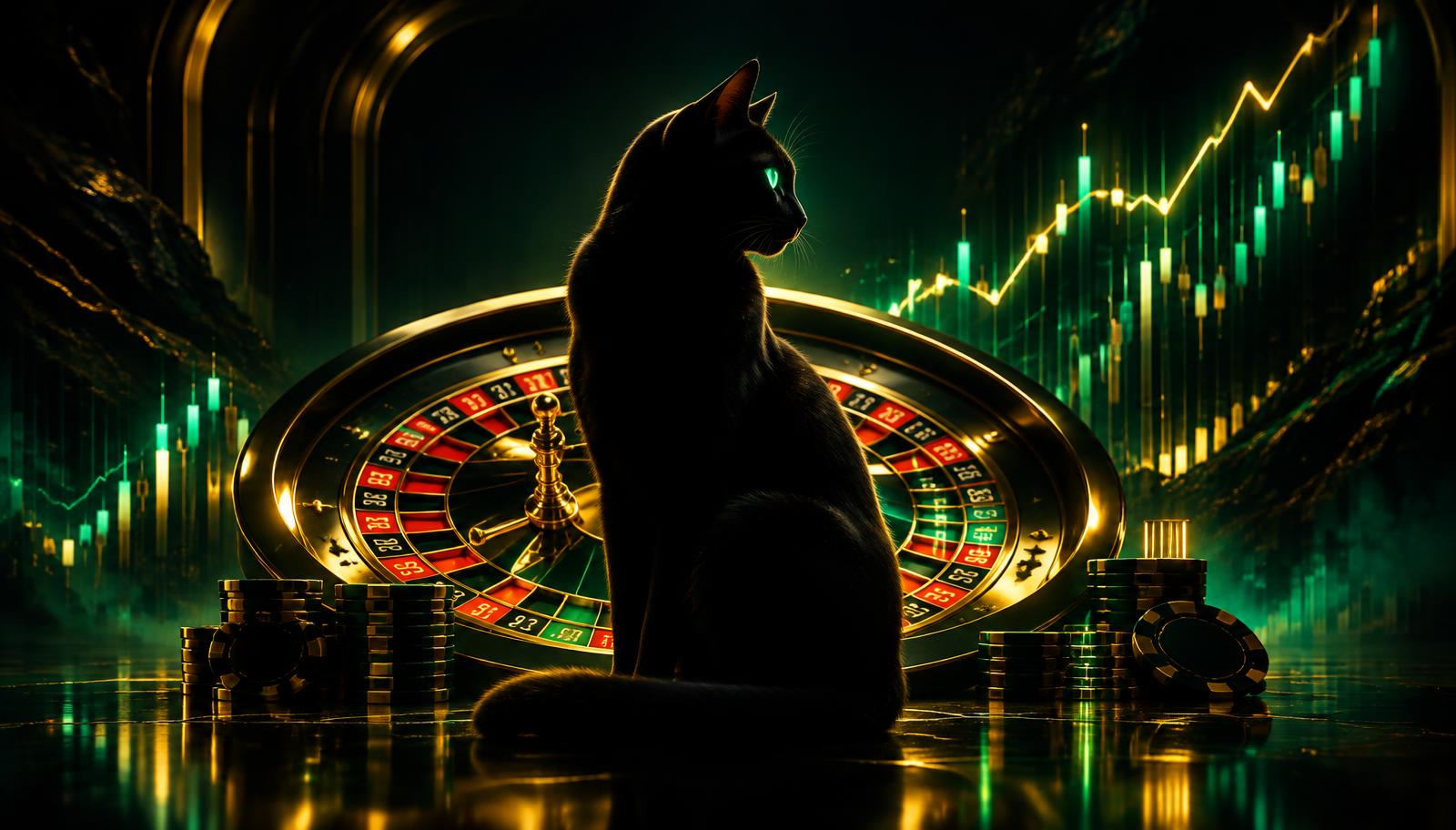 Black cat in front of a roulette wheel and rising charts